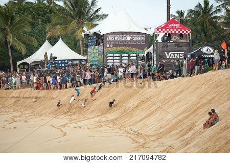 SUNSET BEACH HAWAII USA - DECEMBER 2, 2017: Judges stands at the 2017 Vans World Cup of Surfing competition at Sunset Beach on Oahu's scenic North Shore.