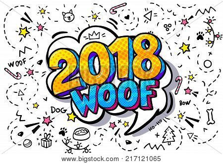 Symbol of the year 2018. Golden numbers 2018 in word bubble. Message in pop art comic style.