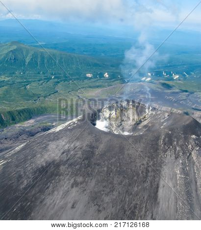 Aerial view to Karymsky volcano in Kamchatka peninsula Russia