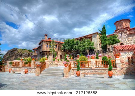 Beautiful public garden of monastery in Meteora, Summer holiday Greece