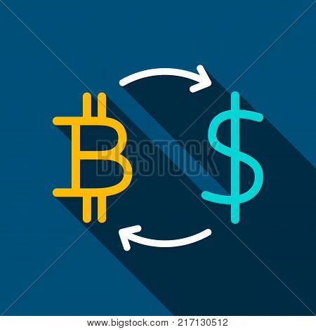 Bitcoin Dollar Flat Icon. Vector Illustration with Long Shadow. Cryptocurrency Exchange.