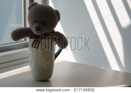 Bear toy with cup sitting by the window in shadows