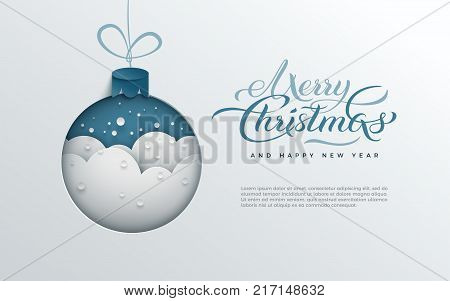 Merry Christmas holiday design paper cut out Xmas tree toy decoration with snowflakes snow on blue background for greeting card banner poster postcard paper cut art style vector illustration