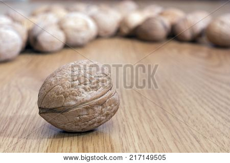 Many walnuts in shell on the table. One walnut close-up against the background of other nuts. Healthy food. Place for text.