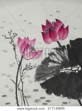 bright lotus flower painted in Chinese style