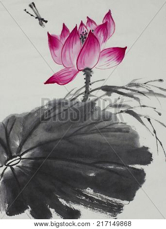 bright lotus flower painted in Chinese style
