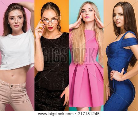 Fashion collage. Group of beautiful young women. Sensual girls with languor on faces
