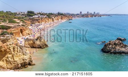 Aerial. Tourist beaches of the Portuguese city of Portimao. Shooted by drones Algarve
