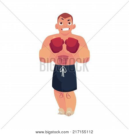 vector cartoon muscular strong handsome man bare torso and chest in boxing stand with red box gloves smiling. Isolated illustration on a white background.