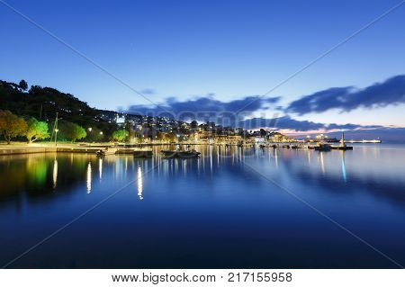 Early morning view of the harbour on Inouses island in Greece.