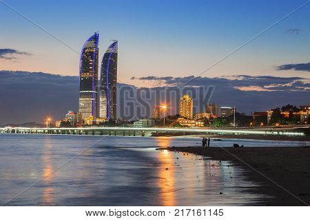 Night view of modern buildings of Xiamen beach during night. Xiamen, Fujian provicne, East coast, China