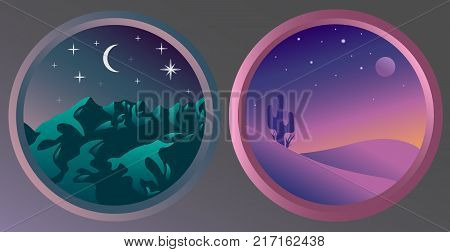 Flat night landscapes with stars and the moon. Mountain view at night. Desert view at night.