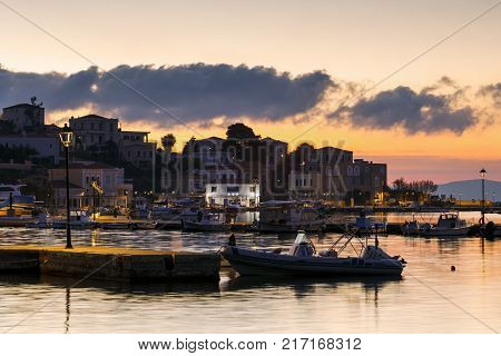 INOUSES, GREECE - NOVEMBER 10, 2017: Early morning view of the harbour on Inouses island in Greece on November 10, 2017.