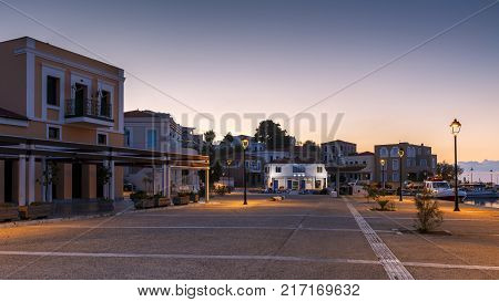 INOUSES, GREECE - NOVEMBER 10, 2017: Early morning view of the harbour on Inouses island in Greece on November 10, 2017.