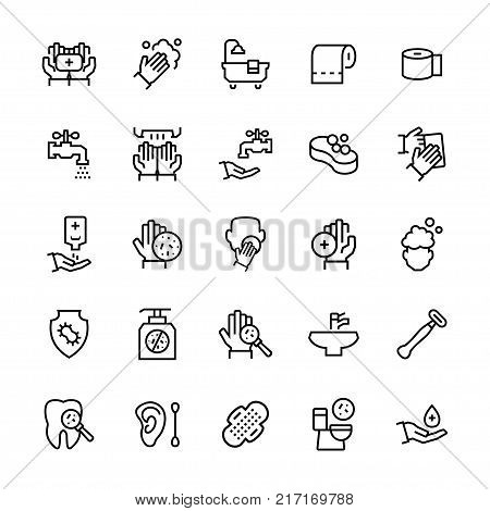 Simple icon set of hygiene items in thin line style. Vector symbols.