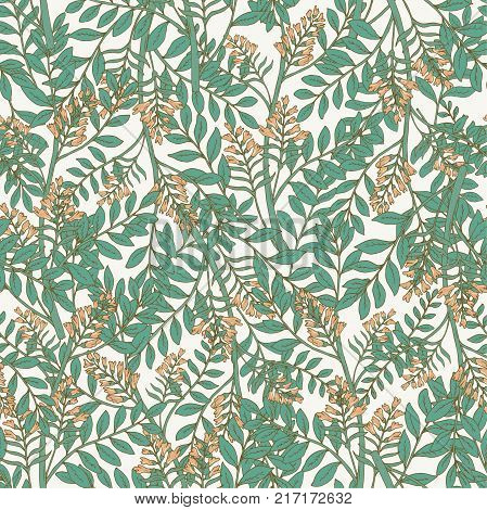 Elegant botanical seamless pattern with acacia inflorescences and leaves. Backdrop with beautiful blooming flowers on white background. Natural vector illustration in antique style for fabric print