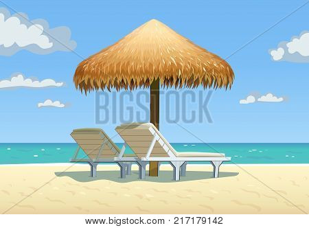 Ocean beach with umbrella and bed. Eps10 vector illustration.