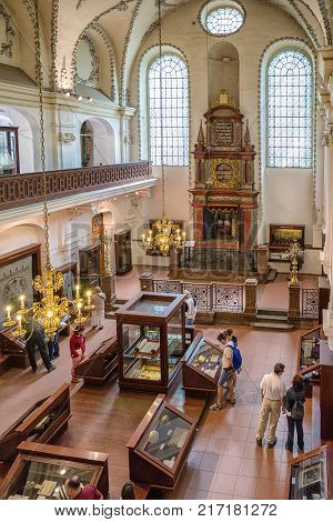 PRAGUE CZECH REPUBLIC - JULY 2: Interior of Klausen synagogue on July 2 2017 in Prague
