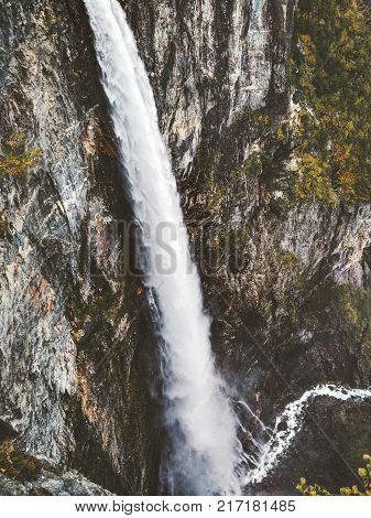 Vettisfossen Waterfall is the highest free fall in Norway Landscape at rocky mountains Travel serene scenic aerial view wild nature