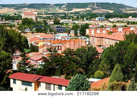 Palencia, Spain. Aerial view of town Palencia in Spain. Landscape with mountains during the sunny day