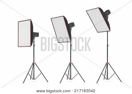 3d rendering of studio flash with small size softboxes stands turned down in several angles. Professional lighting gear. Photo shoot necessities. Preparation for photographer's work.