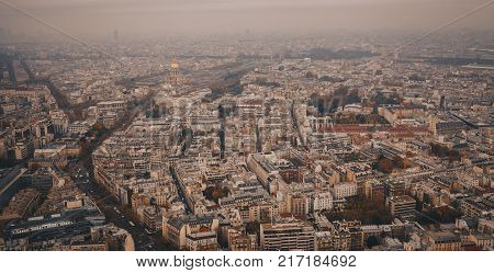 Aerial Panorama Of Paris City In Late Autumn From Maine-montparnasse Tower At Sunset.