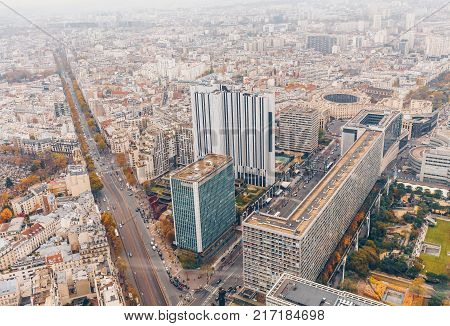 Aerial Panorama Of Paris City In Late Autumn From Maine-montparnasse Tower At Sunset.
