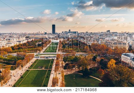 Aerial Panorama Of Paris City In Late Autumn From Maine-montparnasse Tower At Sunset.