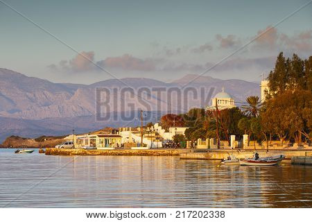INOUSES, GREECE - NOVEMBER 10, 2017: Early morning view of the harbour on Inouses island in Greece on November 10, 2017.