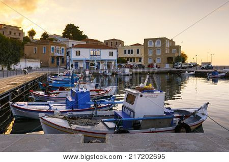 INOUSES, GREECE - NOVEMBER 10, 2017: Early morning view of the harbour on Inouses island in Greece on November 10, 2017.