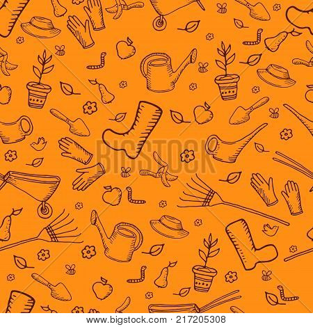 Color mochrome funny cartoon garden seamless pattern, orange background, doodle style, vector hand drawing card with garden tools and fruits, merry bees, worms, birds.