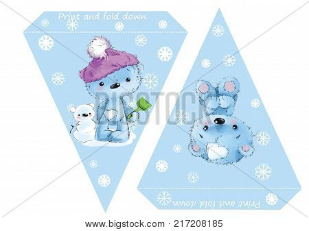 Printable template flags. Banner Baby Shower, Birthday, New Year or Christmas Party, with baby bears and snowflakes