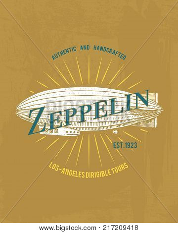 tee print zeppelin, air balloon transport, t-shirt graphics, design with Animal. Vector grunge background. vintage lettering and poster, print or banner. america typography. engraved hand drawn