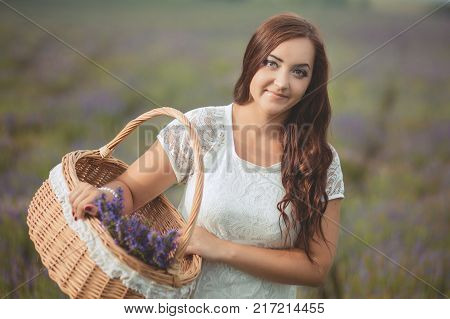 Beautifull Brunette Buxom Nubile Lady Woman With Deep Blue Eyes Posing On Field Of Spring Lavender W