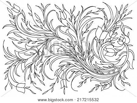Background with flowers and plants. Black and white doodle vector illustration. Coloring book for adult and older children. Coloring page. Outline drawing.