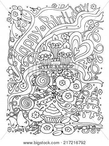 Background birthday. Black and white doodle vector illustration. Coloring book for adult and older children. Coloring page. Outline drawing.