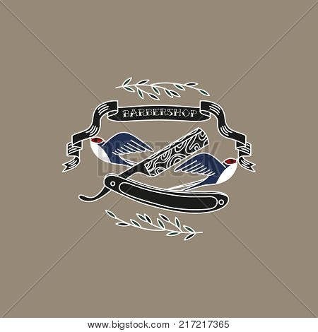 Logo for barbershop, hairdresser, beauty salon. Razor with swallows, ribbons and leaf. Vector illustration colorful