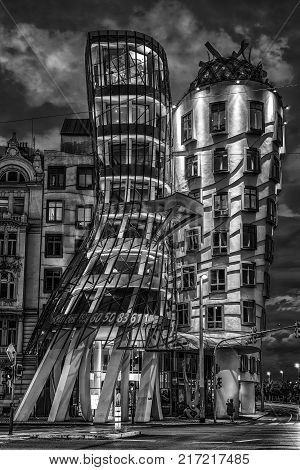 PRAGUE CZECH REPUBLIC - JULY 2: Danicing house at night on July 2 2017 in Prague