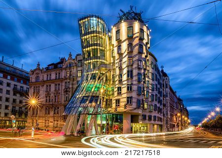 PRAGUE CZECH REPUBLIC - JULY 2: Danicing house at night on July 2 2017 in Prague
