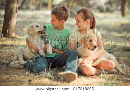 Retriever Pup Lovely Scene Young Teen Sister Brother Enjoy Posing Summer Time Vacation With Best Fri