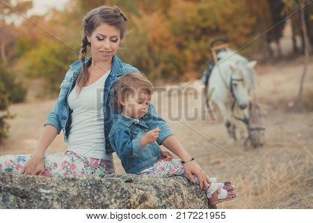 Romantic Scene Beautiful Lady Young Mother With Her Cute Baby Daughter Enjoy Time Together In City V