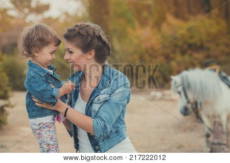 Romantic Scene Beautiful Lady Young Mother With Her Cute Baby Daughter Enjoy Time Together In City V