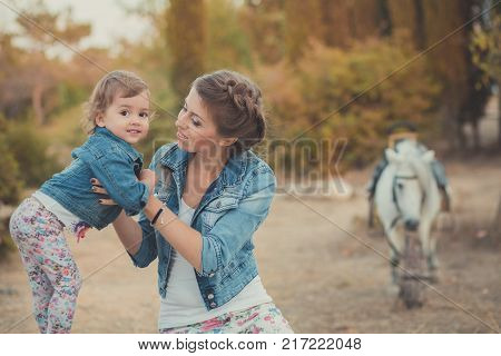 Romantic Scene Beautiful Lady Young Mother With Her Cute Baby Daughter Enjoy Time Together In City V