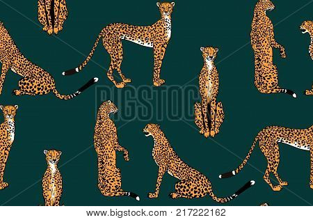 Seamless leopard in different poses pattern. Vector illustration