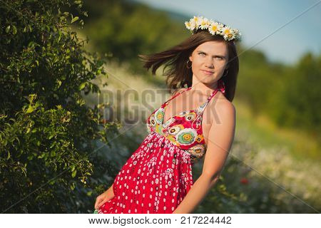 Charming Adorable Young Lady Woman Dark Brunette Hairs And Green Eyes Tender Sexy Posing With Flower