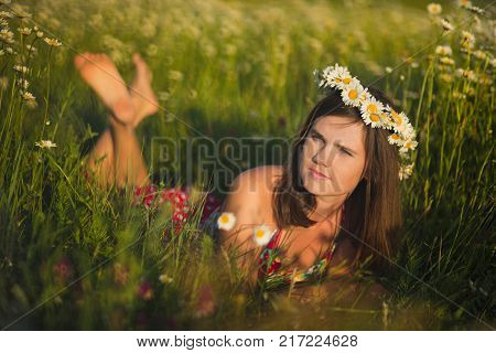 Charming Adorable Young Lady Woman Dark Brunette Hairs And Green Eyes Tender Sexy Posing With Flower