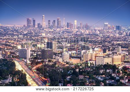 Los Angeles California USA downtown cityscape at smoggy night