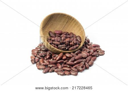 Red Beans In Brown Wooden Bowl Isolated On White Background