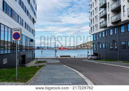 Street and panorama of Hammerfest, island of Kvaloya , Norway