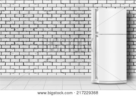 Major appliance Refrigerator in front on a brick wall background